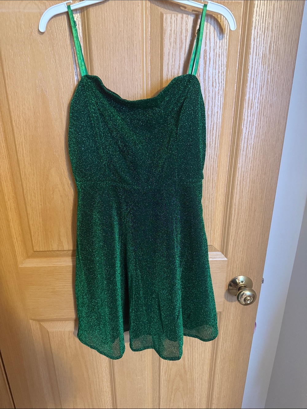 Emerald Sparkle Formal Dress with Spaghetti Straps